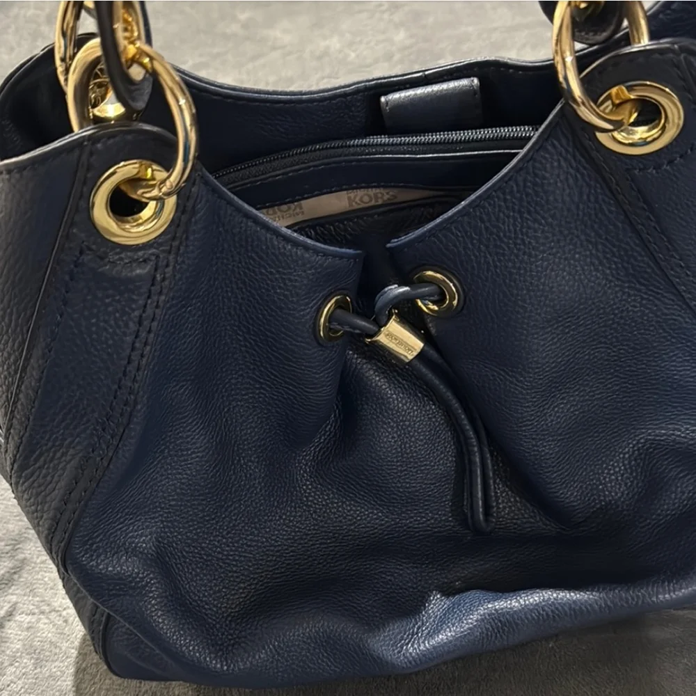 Michael Kors Navy Blue Shoulder Bag with Gold Accents